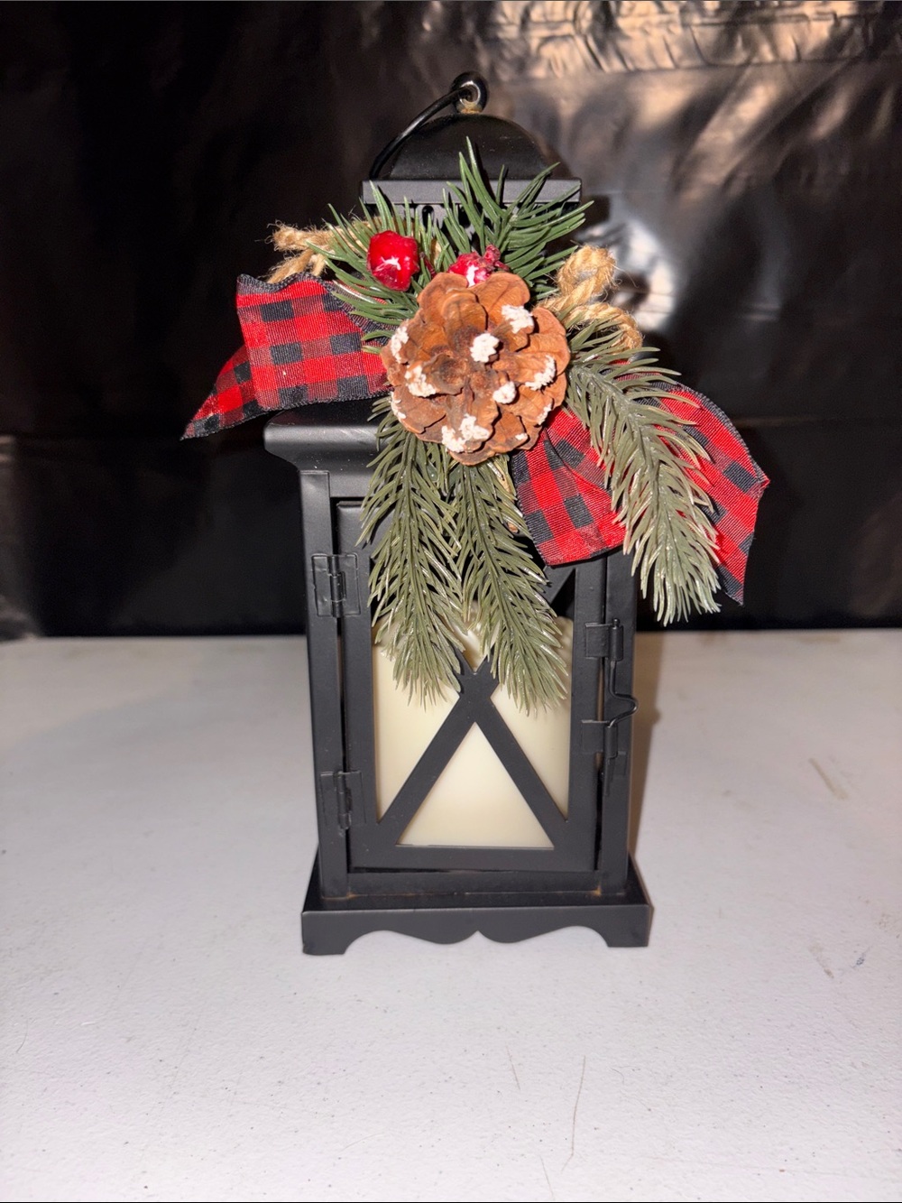 Holiday Pinecone Lantern with Red Plaid Bow